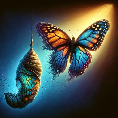 This image represents transformation, suggesting that despite the pain, there is an opportunity for growth. The butterfly symbolizes freedom and beauty, while the chrysalis reflects the cocoon of grief that one must break out of to rediscover hope.