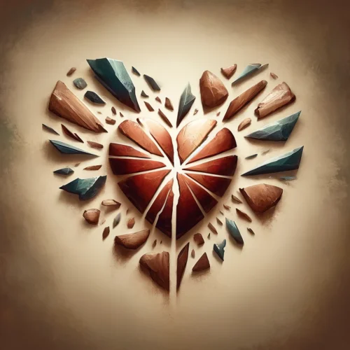 This symbolic image could show a heart at the center, surrounded by broken pieces of pottery or glass, depicting the initial shattering of loss. However, the pieces are being gradually reassembled, showing how love and time can heal.